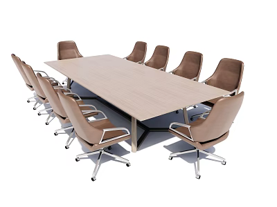 Modern Office Conference Table With Rectangular Wooden Top And Swivel Chairs 3d model