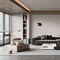 Modern Living Room Interior With Gray Sofa Brown Armchair Floor Lamp And Coffee Table