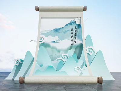 Traditional Chinese Scroll Landscape Painting Featuring Blue Mountains Water And Cloud Patterns 3d model