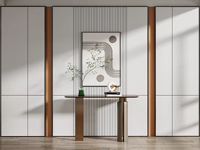 Modern Console Table Interior Design With Decorative Painting Green Plant And Striped Wall 3d model