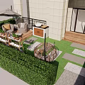 Serene Courtyard Garden With Green Lawn Stone Path Wicker Chair And Umbrella