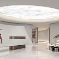 Modern Minimalist Reception Area With White Marble Circular Ceiling Light Rabbit Decoration Sofa And Bookshelf