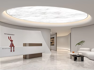 Modern Minimalist Reception Area With White Marble Circular Ceiling Light Rabbit Decoration Sofa And Bookshelf 3d model