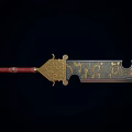 Ancient Ornamental Sword With Intricate Gold And Black Patterns And Red Handle