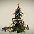 Decorated Christmas Tree With Star Tinsel Colorful Balls And Surrounding Wrapped Gifts