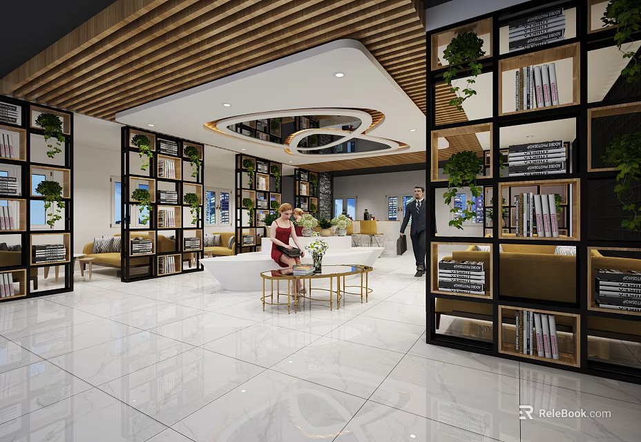 Bright Modern Leisure Area Interior With Bookshelves Green Plants And Comfortable Sofa 3d model 