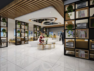 Bright Modern Leisure Area Interior With Bookshelves Green Plants And Comfortable Sofa 3d model