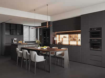 Modern Restaurant Kitchen Interior with Black Cabinets Island Counter White Chairs and Pendant Lights 3d model