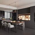 Modern Restaurant Kitchen Interior with Black Cabinets Island Counter White Chairs and Pendant Lights
