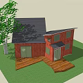 Single Family Home With Red Wooden Exterior Black Roof Near Large Tree And Green Lawn