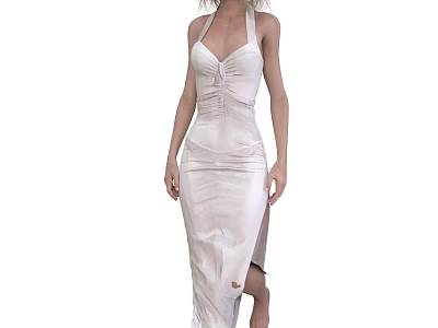 A woman wearing elegant ivory halter neck satin dress walking gracefully with side slit 3d model