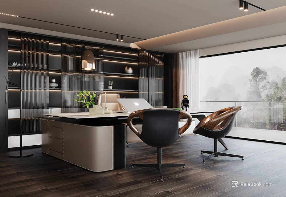 Modern Elegant Office Interior With Large Window Desk And Pendant Lights 3d model 