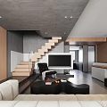Modern Living Dining Room Interior Design With Wooden Shelves Sofa Staircase TV Unit And Plant