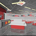 Bright Supermarket Department Store Interior With Red White Decor Neat Shelves And Product Displays