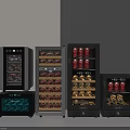 Sleek Black Refrigerators With Glass Doors Containing Wine Bottles And Canned Beverages