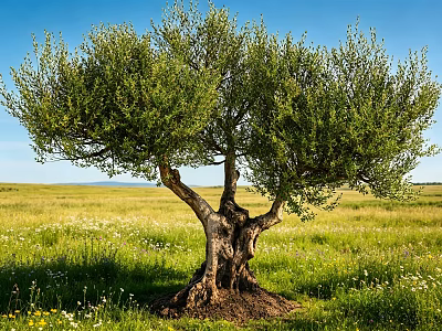Olive Tree In Vast Grassland With Lush Foliage And Blue Sky 3d model