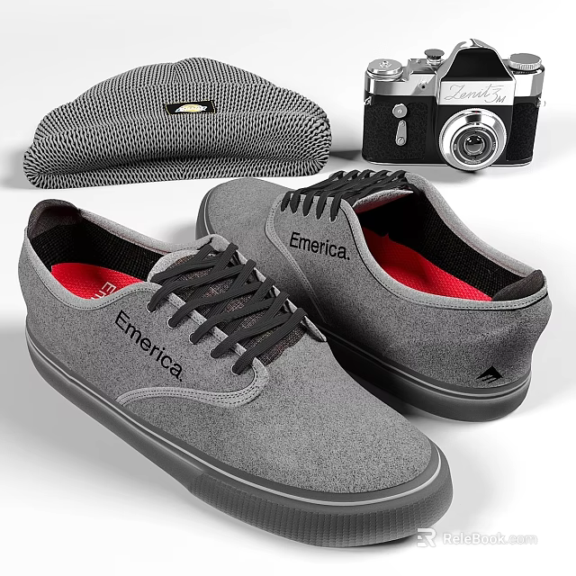 Emerica Grey Low Top Shoes With Black Laces And Red Insoles 3d model 