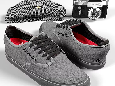 Emerica Grey Low Top Shoes With Black Laces And Red Insoles 3d model