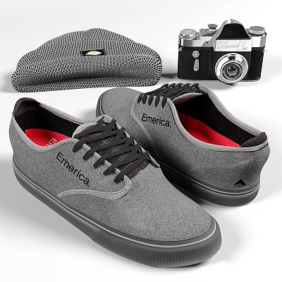 Emerica Grey Low Top Shoes With Black Laces And Red Insoles 3d model