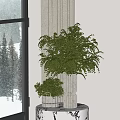 Green Foliage In Decorative Vase On Small Patterned Table By Window With Snowy Pine Trees 3d model