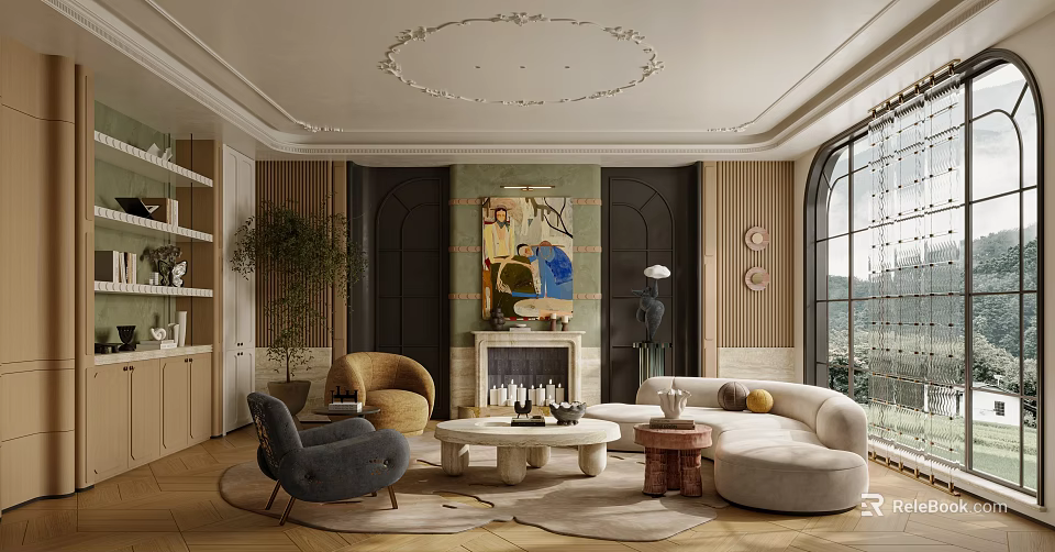 Elegant Modern Living Room Interior With Sofa Fireplace Artwork And Chandelier 3d model 