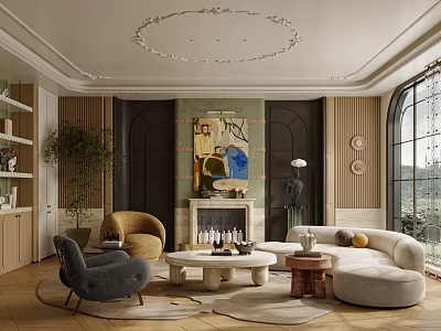 Elegant Modern Living Room Interior With Sofa Fireplace Artwork And Chandelier 3d model