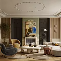 Elegant Modern Living Room Interior With Sofa Fireplace Artwork And Chandelier