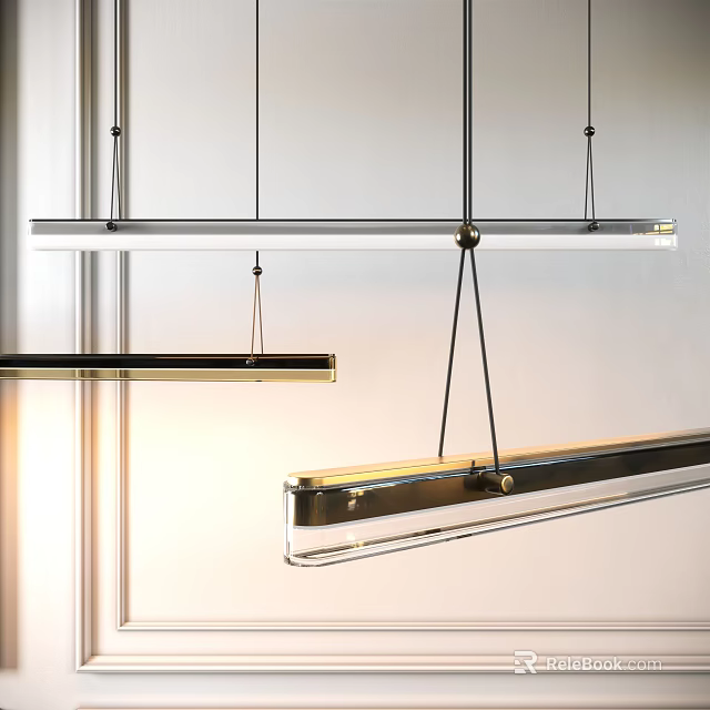 Modern Linear Pendant Lights With Metallic Frame Hanging In Contemporary Interior Space 3d model 