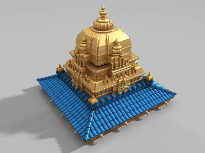 Golden Main Dome With Smaller Domes And Blue Tiled Roof Architectural Components 3d model