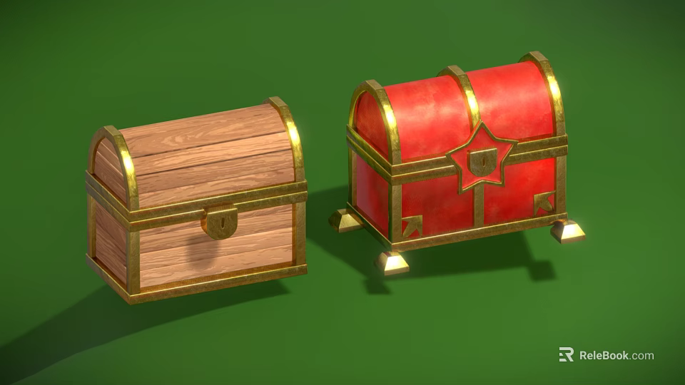Wooden and Red Leather Chests with Gold Accents Locks and Decorative Feet 3d model 