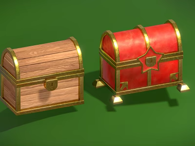 Wooden and Red Leather Chests with Gold Accents Locks and Decorative Feet 3d model