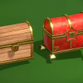 Wooden and Red Leather Chests with Gold Accents Locks and Decorative Feet