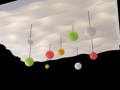White Wavy Ceiling Design With Colorful Spherical Pendant Lights In Green Red Yellow And White 3d model