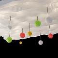 White Wavy Ceiling Design With Colorful Spherical Pendant Lights In Green Red Yellow And White