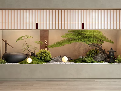 Japanese Style Indoor Landscape With Pine Tree Stones Round Lights And Black Pottery Jar 3d model