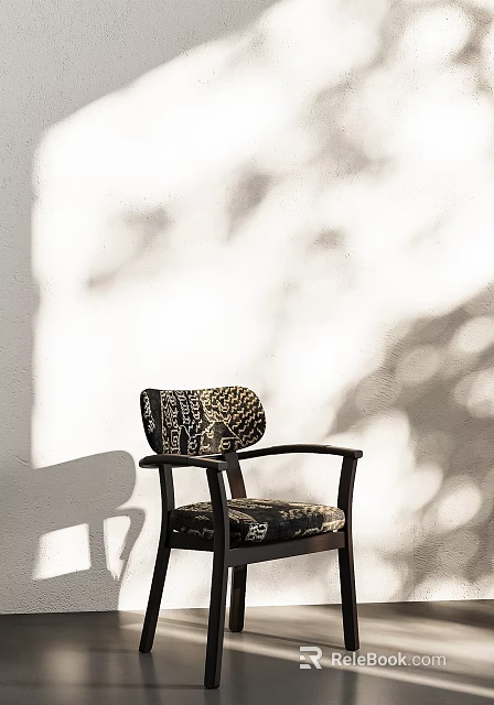 Elegant Single Chair with Patterned Backrest Dark Wooden Armrests White Wall Sunlight 3d model