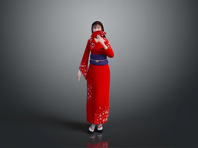 Woman In Red Kimono With Blue Obi And White Patterns On Gray Background 3d model