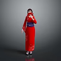 Woman In Red Kimono With Blue Obi And White Patterns On Gray Background