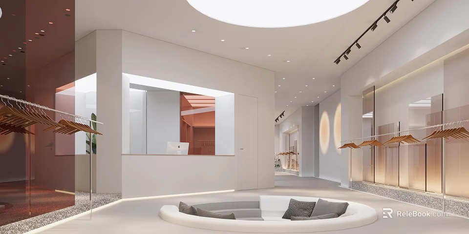 Elegant Modern Clothing Store Interior With Round Seating Area And Clothing Racks 3d model