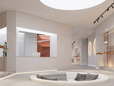 Elegant Modern Clothing Store Interior With Round Seating Area And Clothing Racks 3d model