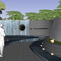 Serene Garden Landscape With Curved Stone Path Lush Trees And Water Channel