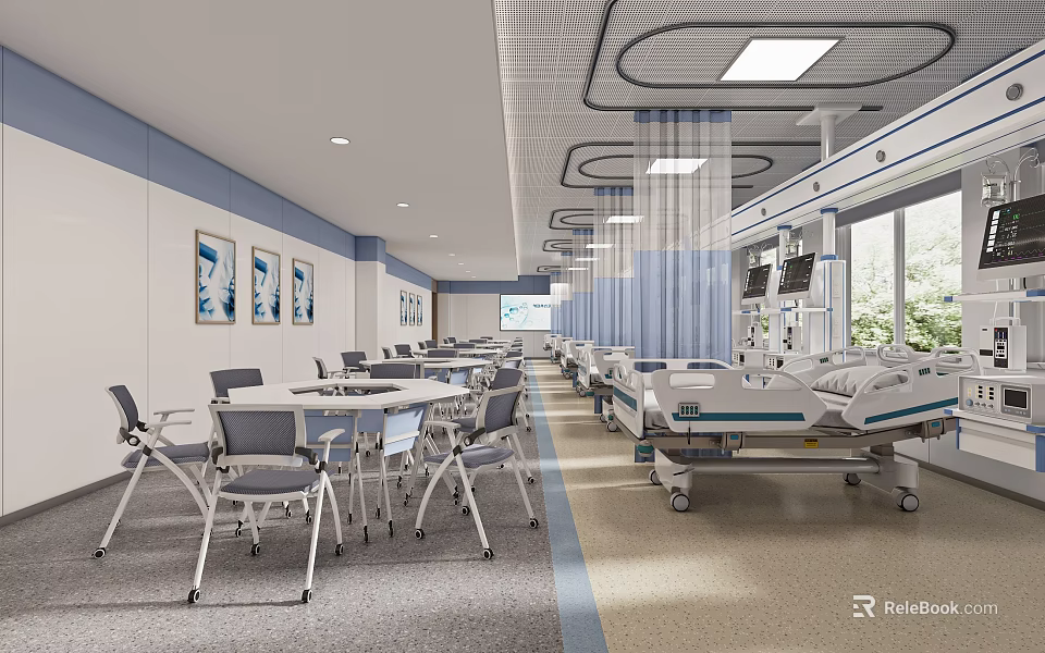 Spacious Hospital Ward Interior With Medical Beds Tables Chairs Windows Artworks And Ceiling Lights 3d model 
