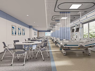 Spacious Hospital Ward Interior With Medical Beds Tables Chairs Windows Artworks And Ceiling Lights 3d model