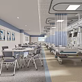 Spacious Hospital Ward Interior With Medical Beds Tables Chairs Windows Artworks And Ceiling Lights