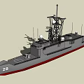 Gray Warship Number 28 With Red Bottom Tall Mast And Antennas