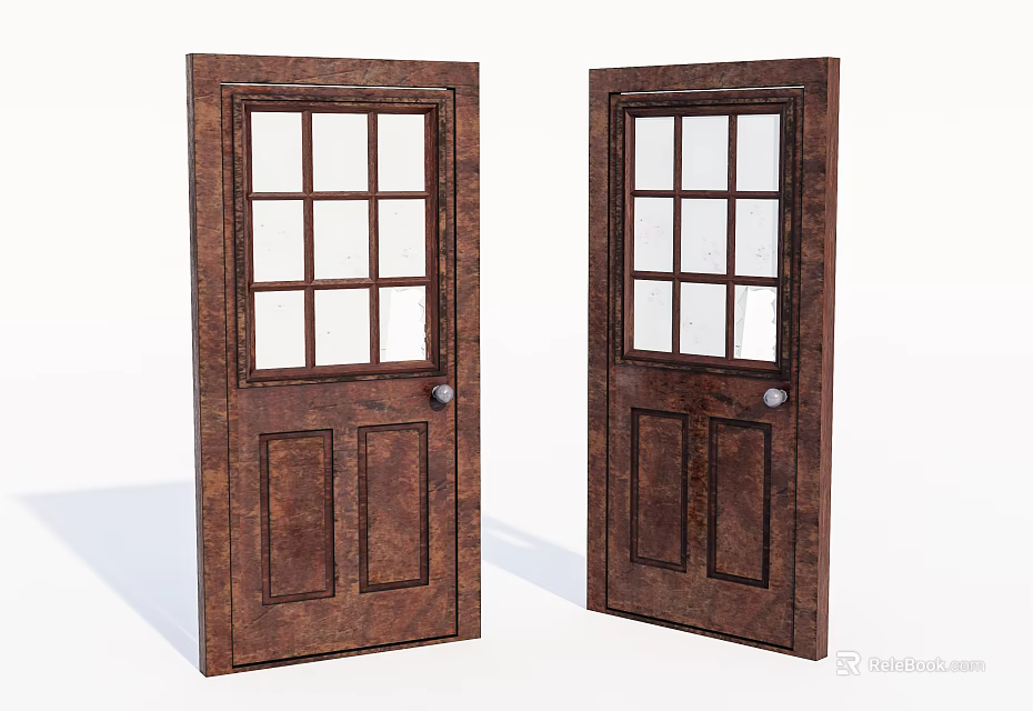 Brown Wooden Hinged Doors With Glass Panes And Classic Design Style 3d model 