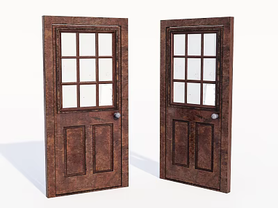 Brown Wooden Hinged Doors With Glass Panes And Classic Design Style 3d model
