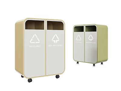 Public Waste Sorting Recycling Bins With Dual Compartment Beige White Light Green Design And Mobility Wheels 3d model