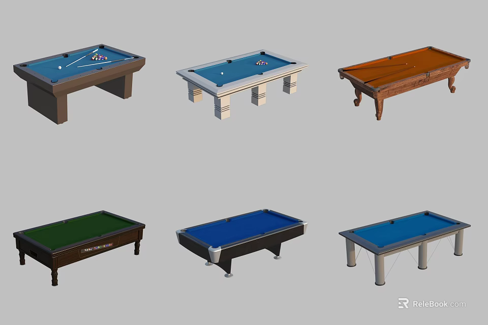 Billiard Room Showcasing Various Style Pool Tables With Blue Green Surfaces 3d model 