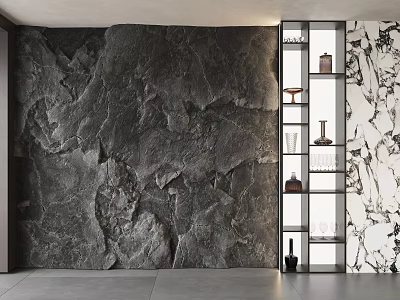 Modern Stone Accent Wall Design with Glass Shelves and Decorative Vases 3d model